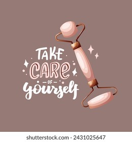 Diseño de tarjeta con rodillo de jade para gua sha masaje y frase. Belleza, cuidado de la piel, cuidado corporal, tratamiento, concepto de masaje. Ilustración vectorial para tarjeta, banner, póster.