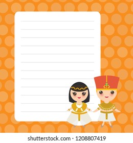 Card design with Kawaii Ancient Egypt boy and girl in national costume and hat. Cartoon children in traditional dress.  orange polka dot lined page notebook, template, blank planner background. Vector