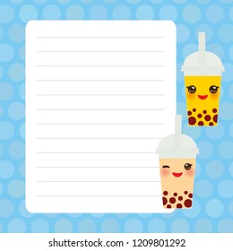 Card design with Kawaii Bubble Tea Milk Cocktails tapioca in plastic cup, tubule. Smiling with eyes blue mint pastel colors polka dot lined page notebook, template, blank, planner background. Vector