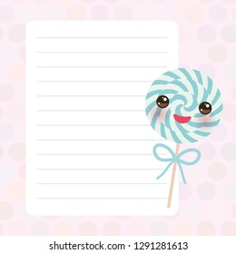 Card design with Kawaii candy lollipop with pink cheeks and eyes, spiral candy cane, pink pastel colors polka dot lined page notebook, template, blank, planner background. Vector