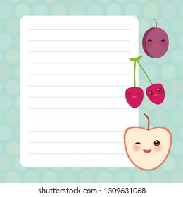 Card design with Kawaii cherry plum apple with blue pastel colors polka dot lined page notebook, template, blank, planner background. Vector