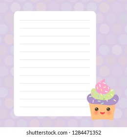 Card design with Kawaii Cupcake, muffin with purple pastel colors polka dot lined page notebook, template, blank, planner background. Vector