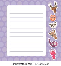 Card design with Kawaii deer, owl, panda, giraffe, elephant, unicorn, purple pastel colors polka dot lined page notebook, template, blank, planner background. Vector