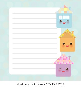 Card design with Kawaii Funny happy house pink blue mint pastel colors polka dot lined page notebook, template, blank, planner background. Vector