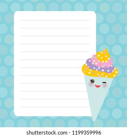 Card design with Kawaii Ice cream waffle cone funny muzzle with pink cheeks and winking eyes, blue pastel colors polka dot lined page notebook, template, blank, planner background. Vector