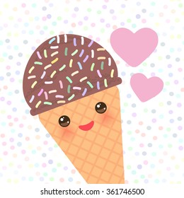 Card design with Kawaii Ice cream waffle cone funny muzzle with pink cheeks and winking eyes, pastel colors on white polka dot background. Vector