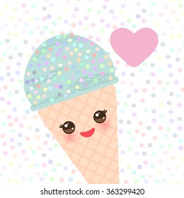 Card design with Kawaii Ice cream waffle cone funny muzzle with pink cheeks and winking eyes, pastel colors on white polka dot background. Vector