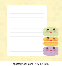 Card design with Kawaii macaroons with pastel colors polka dot lined page notebook, template, blank, planner background. Vector
