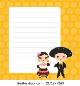 Card design with Kawaii Mexican boy and girl in red national costume and hat. Cartoon children, orange yellow pastel colors polka dot lined page notebook, template, blank, planner background. Vector