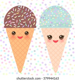Card design with Kawaii mint chocolate Ice cream waffle cone funny muzzle with pink cheeks and winking eyes, pastel colors polka dot background. Vector