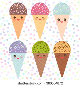 Card design with Kawaii mint kiwi raspberry blueberry chocolate Ice cream waffle cone funny muzzle with pink cheeks and winking eyes, pastel colors polka dot background. Vector