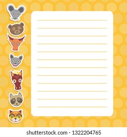 Card design with Kawaii mouse bear bull bat horse raccoon cat, orange pastel colors polka dot lined page notebook, template, blank, planner background. Vector