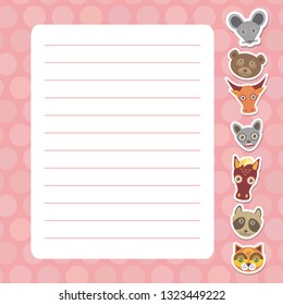 Card design with Kawaii mouse bear bull bat horse raccoon cat, pink pastel colors polka dot lined page notebook, template, blank, planner background. Vector