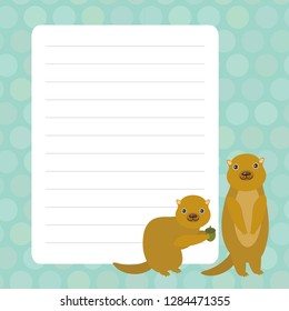 Card design with Kawaii otter with mint blue pastel colors polka dot lined page notebook, template, blank, planner background. Vector