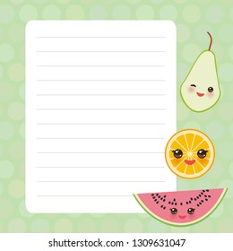 Card design with Kawaii pear orange watermelon with green pastel colors polka dot lined page notebook, template, blank, planner background. Vector