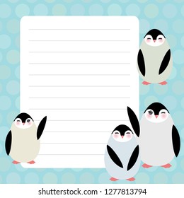 Card design with Kawaii penguin with mint pastel colors polka dot lined page notebook, template, blank, planner background. Vector