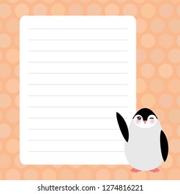 Card design with Kawaii penguin with pink pastel colors polka dot lined page notebook, template, blank, planner background. Vector