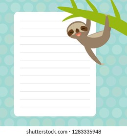 Card design with Kawaii sloth with blue pastel colors polka dot lined page notebook, template, blank, planner background. Vector