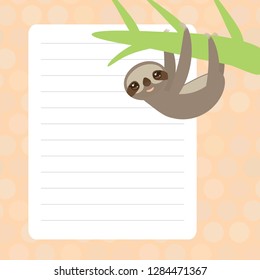 Card design with Kawaii sloth with pink pastel colors polka dot lined page notebook, template, blank, planner background. Vector