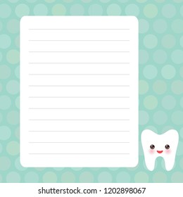 Card design with Kawaii Smiling tooth with eyes blue mint pastel colors polka dot lined page notebook, template, blank, planner background. Vector