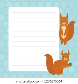 Card design with Kawaii squirrel with blue pastel colors polka dot lined page notebook, template, blank, planner background. Vector