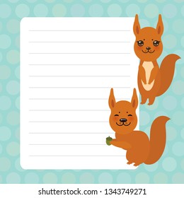Card design with Kawaii squirrel, blue pastel colors polka dot lined page notebook, template, blank, planner background. Vector