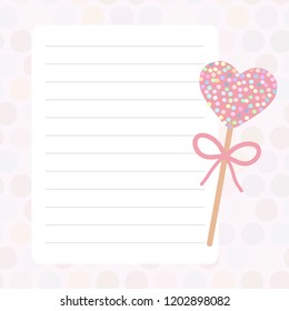 Card design with Kawaii Sweet Cake pops hearts with bow pink pastel colors polka dot lined page notebook, template, blank, planner background. Vector