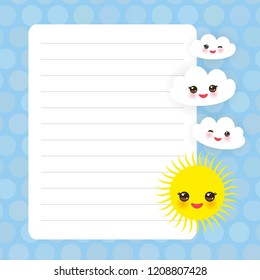 Card design with Kawaii yellow sun, white clouds Smiling with eyes blue  pastel colors polka dot lined page notebook, template, blank, planner background. Vector