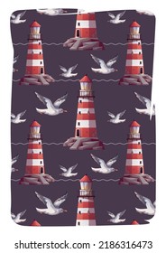 Card design with Lighthouse and flying seagull pattern. Maritime, sea coast, marine life, nautical concept. Vector illustration. Postcard, cover, card.