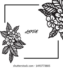 Card design of love with elegant flower frame, in black and white color. Vector