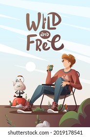 Card design with man sitting on a tourist chair with cup of tea in nature. Camping, traveling, camper, nature, journey concept. A4 vector illustration for poster, banner, postcard, card, cover.