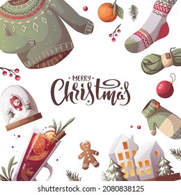 Card design for Merry Christmas and New Year. Knitted clothes, snow globe, mulled wine. Cozy winter, home comfort, holidays concept. Vector illustration for poster, banner, card, postcard, cover.