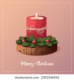 Card design for Merry Christmas and New Year 2024. Christmas balls, red candle, Christmas tree pine branches, garland, wooden riser. Vector illustration for poster, banner, card, postcard, cover.