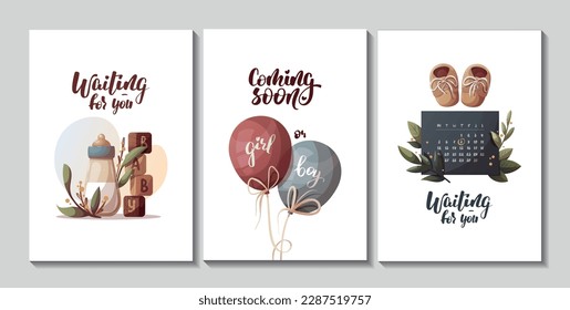 Card design with milk bottle, balloons, Monthly Calendar and baby shoes. Childbirth,  baby waiting concept. Vector illustration for poster, card, postcard, cover.