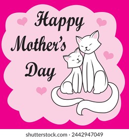 Card design for Mother's Day with a drawing of a cat and her kitten, mother and son or daughter hugging, in color for any print,