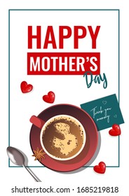 Card design for Mother's Day, Women's Day, Birthday. Cup of coffee, sweet hearts and message "Thank you mommy". A4 vector illustration for card, postcard, poster, banner, 