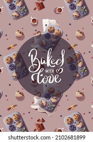 Kartendesign mit Muffins und Schriftzeichen. Backen, Bäckerei, Kochen, süße Produkte, Dessert, Gebäck Konzept. Vektorgrafik für Poster, Banner, Karte, Menü, Cover.