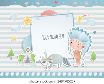 Card design with a native American and funny raccoon. Digital scrapbooking.