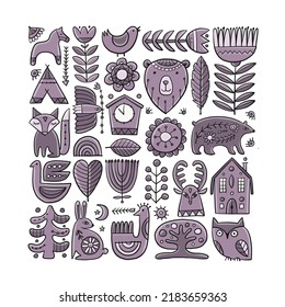 Card Design with Nordic Ornament. Forest Animals, Folk Background