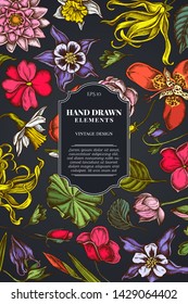Card design on dark background with ylang-ylang, impatiens, daffodil, tigridia, lotus, aquilegia