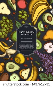 Card design on dark background with apples, pears, avocado, kiwi, grapes, bananas, strawberry