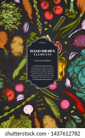 Card design on dark background with onion, garlic, pepper, broccoli, radish, green beans, potatoes, cherry tomatoes, peas, celery, beet, greenery, chinese cabbage, cabbage, carrot