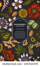 Card design on dark background with almond, dandelion, ginger, poppy flower, passion flower, tilia cordata