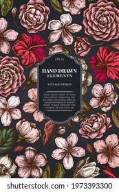 Card design on dark background with hibiscus, plum flowers, peach flowers, sakura flowers, magnolia flowers, camellia japonica