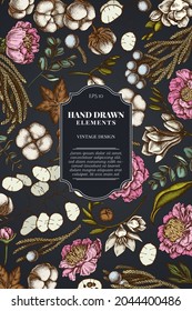 Kartendesign auf dunklem Hintergrund mit Fikus, Eukalyptus, Pony, Baumwolle, Freesie, Bronze