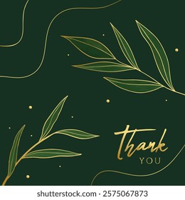 A card design on a dark green background, decorated with delicate gold leaves and lines. Ideal for use in wedding printing, cards, invitations and other design projects with elements of luxury and min