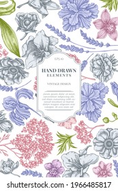 Card design with pastel anemone, lavender, rosemary everlasting, phalaenopsis, lily, iris