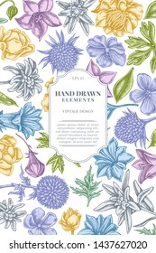 Card design with pastel bellflower, edelweiss, globethistle, globeflower, meadow geranium, gentiana