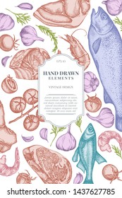 Card design with pastel garlic, cherry tomatoes, fish, shrimp, beef, rosemary