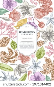 Card design with pastel laelia, feijoa flowers, glory bush, papilio torquatus, cinchona, cattleya aclandiae